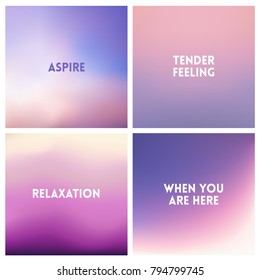 Abstract vector purple blurred background set. 4 colors set. Square blurred purple backgrounds set - sky clouds sea ocean beach colors With love quotes