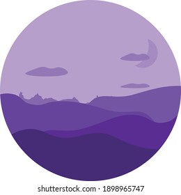 Abstract vector purple landscape in circle on white background