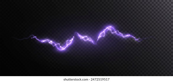 Abstract vector purple lightning on black background. Blitz Lightning Thunder Light Sparks Storm Flash Thunderstorm. Strength Energy charge Thunder. Vector