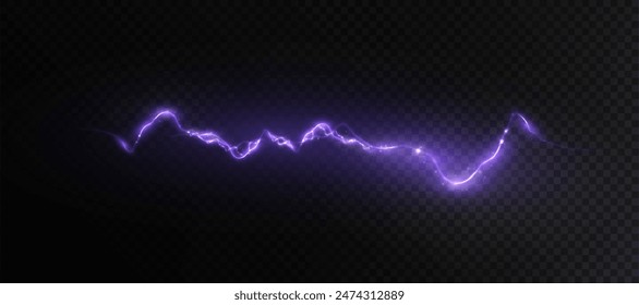 Abstract vector purple lightning on black background. Blitz Lightning Thunder Light Sparks Storm Flash Thunderstorm. Strength Energy charge Thunder. Vector	
