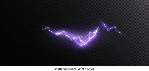 Abstract vector purple lightning on black background. Blitz Lightning Thunder Light Sparks Storm Flash Thunderstorm. Strength Energy charge Thunder. Vector	
