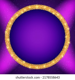 Abstracto vector púrpura brillante ilustración de fondo con focos y banner redondo brillante para el diseño 