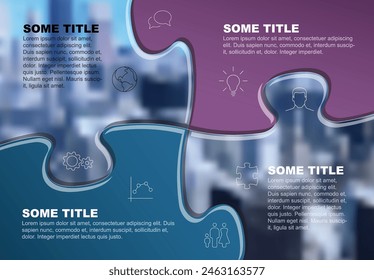 Plantilla Abstractas de esquema de la solución del rompecabezas del Vector con cuatro secciones - versión azul y púrpura con dos marcadores de posición de la foto. Plantilla infográfica multipropósito simple