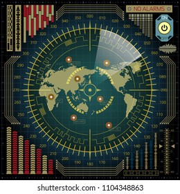 Abstract vector radar screen with world map, targets and futuristic user interface of blue, red, and golden shades