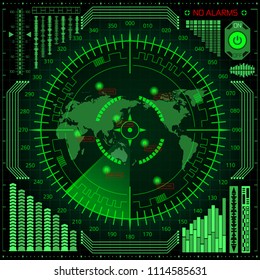 Abstract vector radar screen with world map, targets and futuristic user interface of green shades