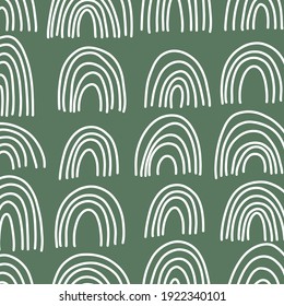 Abstract vector rainbow seamless pattern. Hand drawn rainbows in minimalist scandinavian style. Modern baby, kid illustrations. Rainbow in different shapes. Colorful contemporary art