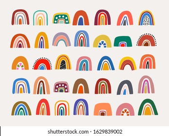 Abstract vector rainbow set. Hand drawn rainbows in minimalist scandinavian style. Modern baby, kid illustrations. Rainbow in different shapes. Colorful contemporary art