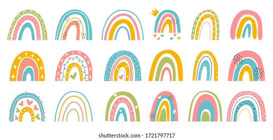 Abstract vector rainbow set. Hand drawn rainbows in minimalist scandinavian style. Modern baby, kid illustrations. Rainbow in different shapes. Colorful contemporary art