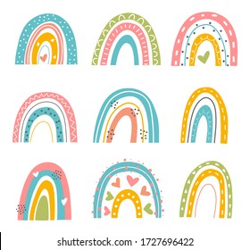 Abstract vector rainbow set. Hand drawn rainbows in minimalist scandinavian style. Modern baby, kid illustrations. Rainbow in different shapes. Colorful contemporary art