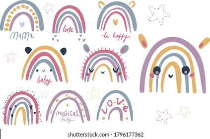 Abstract vector rainbow set. Hand drawn rainbows in minimalist scandinavian style. Modern baby, kid illustrations. Rainbow in different shapes. Colorful pastel color