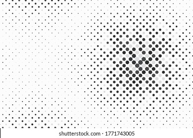 Abstract vector random black color halftone small hexagon shapes with dynamic pattern on white background, copy space.