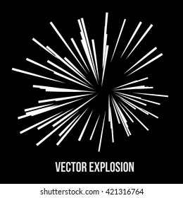 Abstract vector rays on black background. Explosive illustration with dynamic shapes. Monochrome wallpaper with sparkle. Holiday firework with text template. Dynamite burst. Dynamic blast elements.