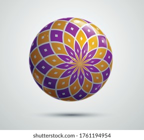 Abstract vector realistic glossy sphere, beautiful festive ball decorated with pattern, graphic design element.