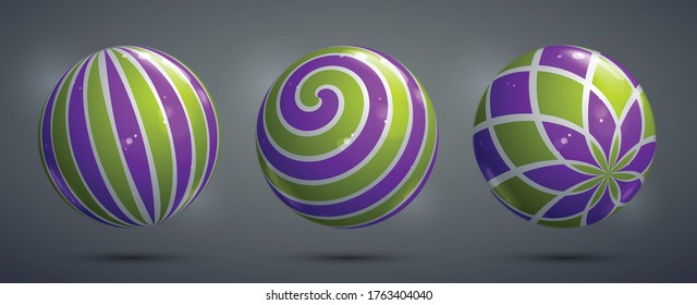 Abstract vector realistic glossy spheres set, beautiful festive balls collection decorated with pattern, graphic design elements.