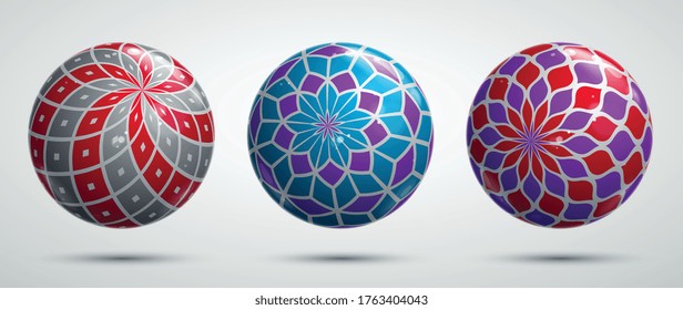 Abstract vector realistic glossy spheres set, beautiful festive balls collection decorated with pattern, graphic design elements.