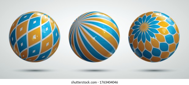 Abstract vector realistic glossy spheres set, beautiful festive balls collection decorated with pattern, graphic design elements.