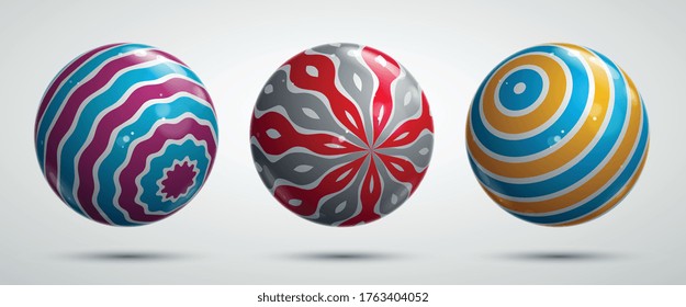 Abstrakte Vektorgrafik realistische Glossy-Kugeln gesetzt, schöne festliche Kugeln Sammlung mit Mustern, grafische Design-Elemente.