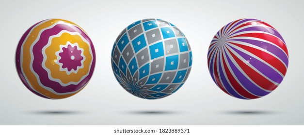 Abstract vector realistic glossy spheres set, beautiful festive balls collection decorated with pattern, graphic design elements.