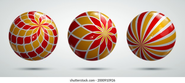 Resumen vectorial realista conjunto de esferas glosas, hermosa colección de bolas festivas decoradas con patrones, elementos de diseño gráfico.