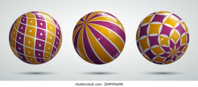 Abstract vector realistic glossy spheres set, beautiful festive balls collection decorated with pattern, graphic design elements.