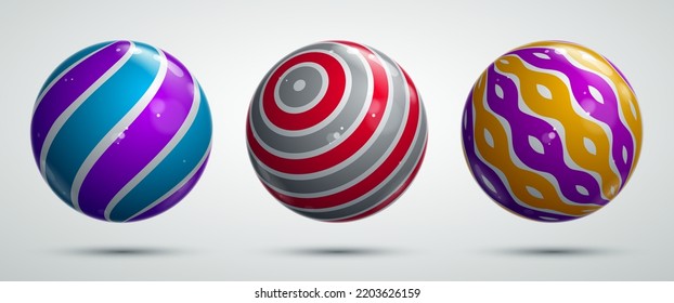 Abstrakte Vektorgrafik realistische Glossy-Kugeln gesetzt, schöne festliche Kugeln Sammlung mit Mustern, grafische Design-Elemente.