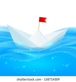 Abstract vector realistic water with paper boat