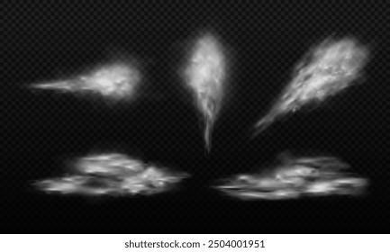 Abstract vector realistic white fog, clouds or smoke isolated on transparent background. Cloudy, puff, mist effect.