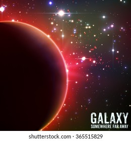 Abstract vector red background with planet and eclipse of its star. Bright star light shine from the edge of a planet. Sparkles of stars on the background. 