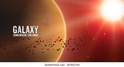 Abstract vector red background with planet and ring of asteroids around. Bright star light shine in the corner with protuberance. Sparkles of distant stars on the background. 