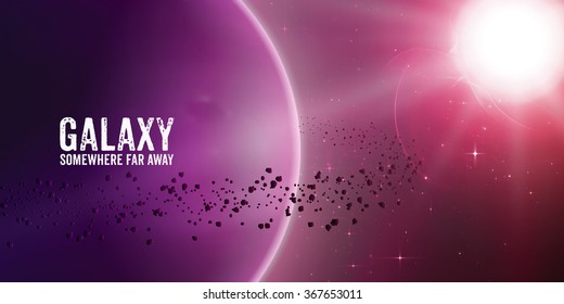 Abstract vector red background with planet and ring of asteroids around. Bright star light shine in the corner with protuberance. Sparkles of distant stars on the background. 