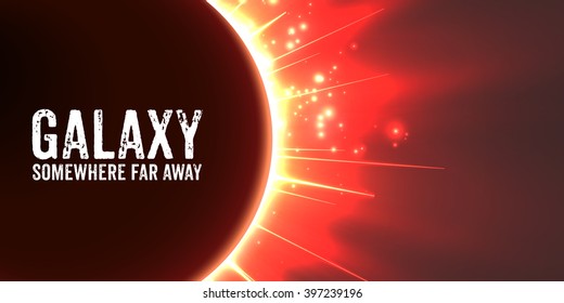 Abstract vector red background with planet and eclipse of its star. Bright star light shine from the edges of a planet. Sparkles of stars on the background. 