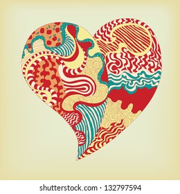 Abstract vector red hand draw heart on yellow background