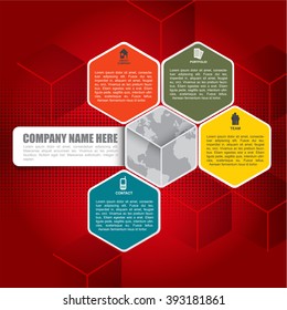 Abstract vector red infographic background with icons about company, portfolio, team, contact and place for text content