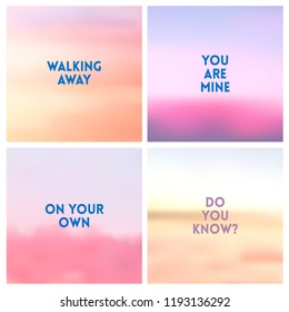Abstract vector red pink blurred background set. 4 colors set. Square blurred pink backgrounds set - sky clouds sea ocean beach colors With love quotes