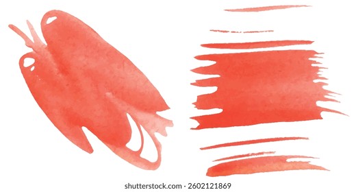 Pinceladas y Formas rojas Abstractas de la acuarela del Vector en el fondo blanco. Pinceladas de acuarela roja brillantes y elegantes y Formas pintadas sobre fondo blanco. Adecuado para diseños artísticos y creativos 