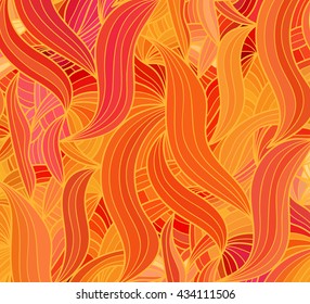 Abstract vector red wave background of doodle hand drawn lines. Colorful floral pattern.