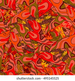 Abstract vector red wave background of doodle hand drawn lines. Colorful floral pattern.