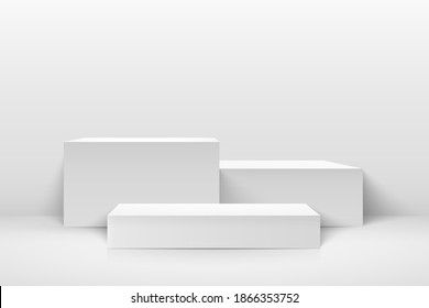 Abstract vector rendering 3d shape for placing the product with copy space. Modern white and grey cube podium with empty room background. Vector illustration