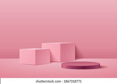 Abstract vector rendering 3d shape for placing the product display with copy space. Modern light pink cube and round podium with pastel empty room background. Vector illustration
