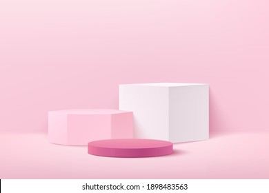 Abstract vector rendering 3d shape for placing the product with copy space. Modern light pink cube round and hexagon podium with pastel empty room background. Vector illustration