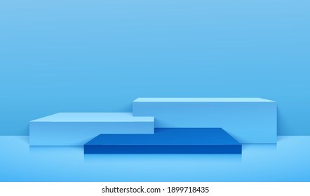 Abstract vector rendering 3d shape for placing the product display with copy space. Modern light blue cube podium with pastel empty room background. Vector illustration