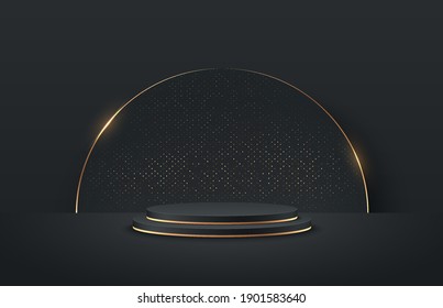 Abstract vector rendering 3d shape for placing the product with copy space. Luxury black and golden round podium with golden circle and glitter background. Vector illustration