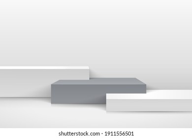 Abstract vector rendering 3d shape for placing the product display with copy space. Modern white and grey cube podium with empty room background. Vector illustration