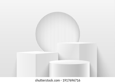 Abstract vector rendering 3d shape for advertising products display presentation. Modern white and grey geometric pedestal podium with empty room background. Minimal studio room concept.