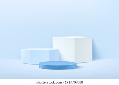 Abstract vector rendering 3d shape for advertising products display with copy space. Modern white and light blue geometric podium with empty room background. Minimal pastel studio room concept.