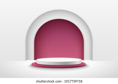 Abstract vector rendering 3d shape for advertising products display with copy space. Modern white and red round podium with empty room and red tunnel background. Minimal pastel studio room concept.