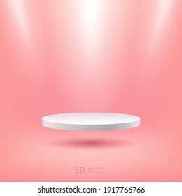 Abstract vector rendering 3d shape for cosmetic products display presentation. Modern floating white cylinder pedestal podium with light pink empty room background. Pastel minimal scene studio room.