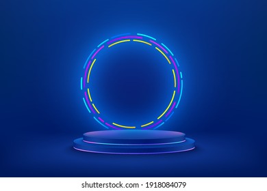 Abstract vector rendering 3d shape for cosmetic products display presentation. Modern  technology blue cylinder podium with dark empty room and shiny ring neon background. Minimal scene studio room .