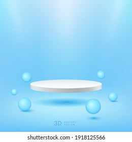 Abstract Vector Rendering 3d Shape For Advertising Products Display With Copy Space. Modern Floating White Round Podium With Light Blue Empty Room Background. Minimal Pastel Studio Room Concept.