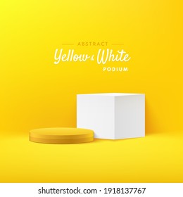 Abstract vector rendering 3d shape for cosmetic products display presentation. Modern white and yellow geometric pedestal podium with bright yellow empty room background. Minimal scene studio room.
